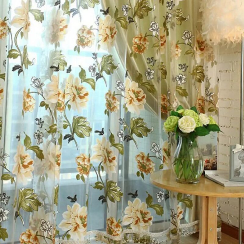 Peony Printed Transparent Tulle Window Curtains1
