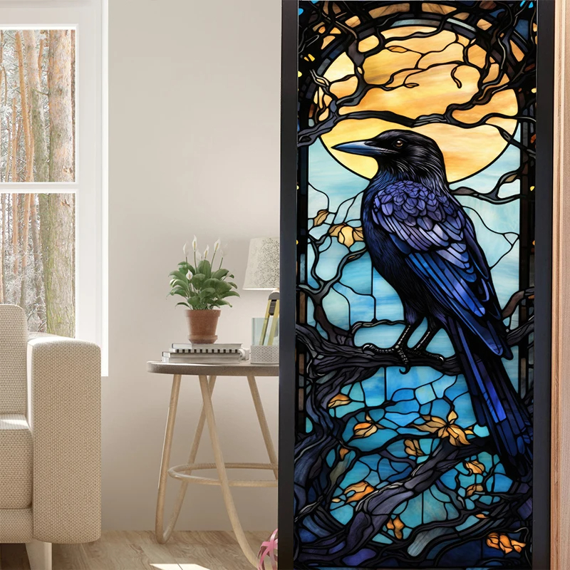 Stained Halloween Crow Colored Glass PVC Window Film Privacy Stickers-1