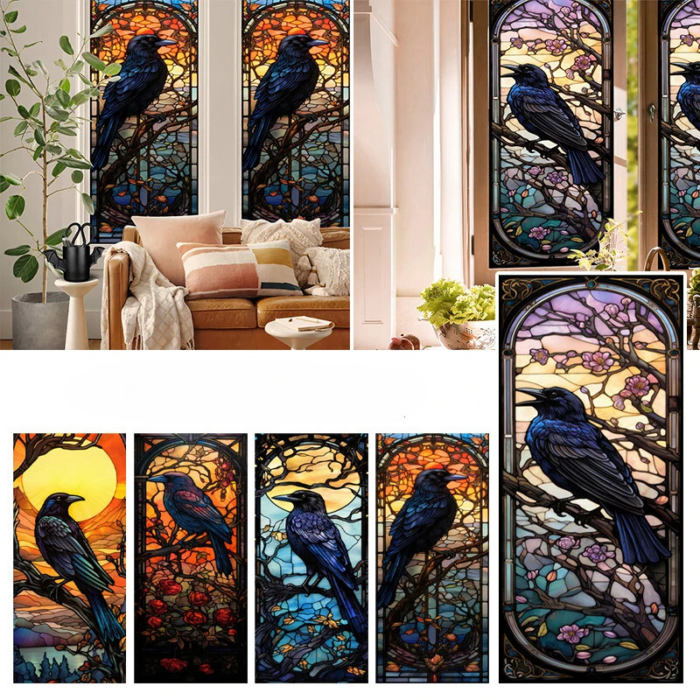 Stained Halloween Crow Colored Glass PVC Window Film Privacy Stickers-3