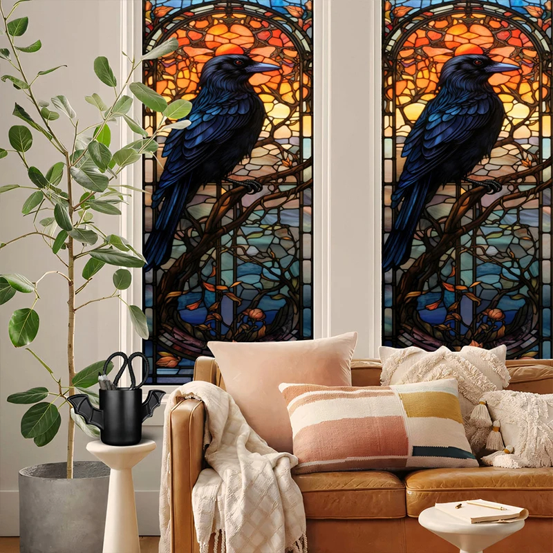 Stained Halloween Crow Colored Glass PVC Window Film Privacy Stickers-4
